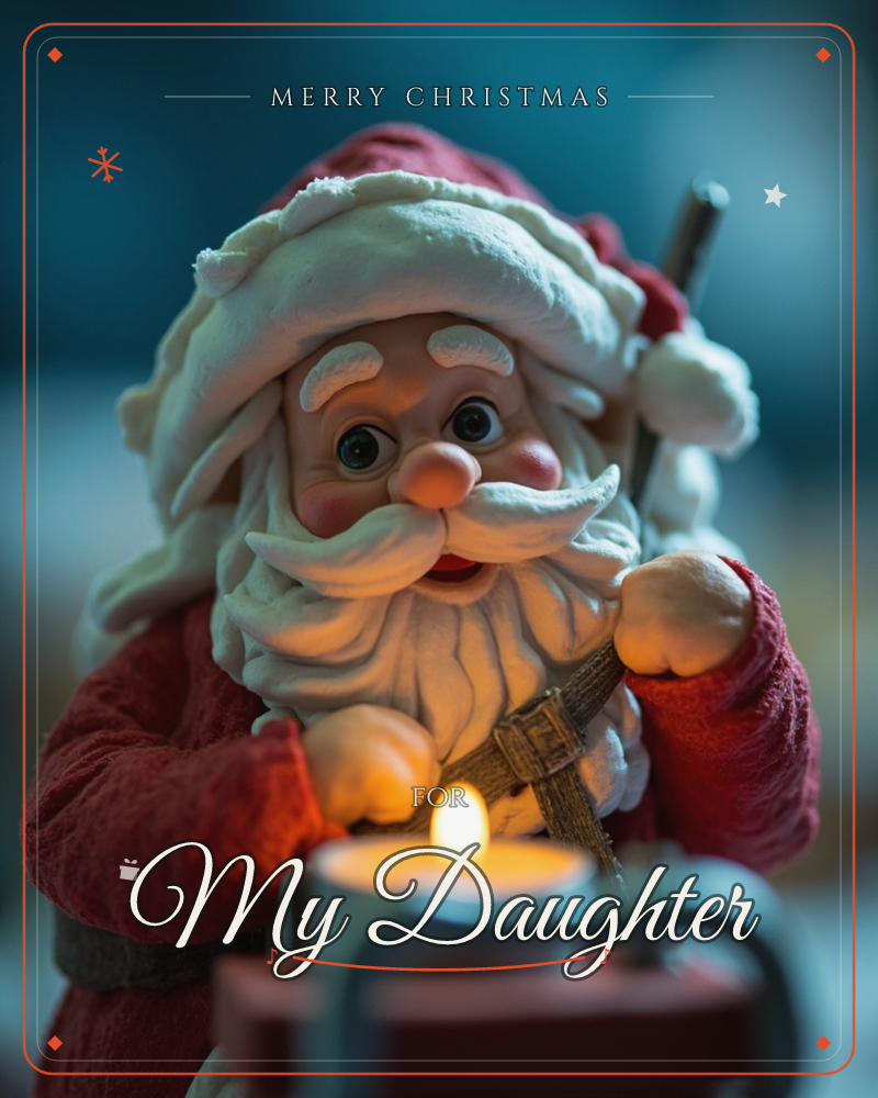 A small carved Santa figurine leans over a lit candle lantern, its warm glow catching his rosy cheeks and white beard against a deep blue, softly…, a christmas e-card design