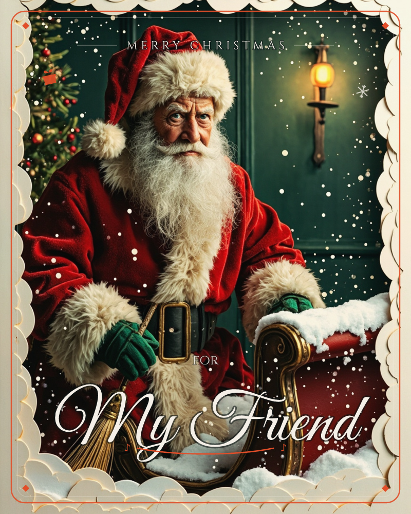 A traditional Santa Claus figure in a fur-trimmed red coat stands beside an ornate wooden sleigh piled with snow, set against a deep green painted wall…, a christmas e-card design