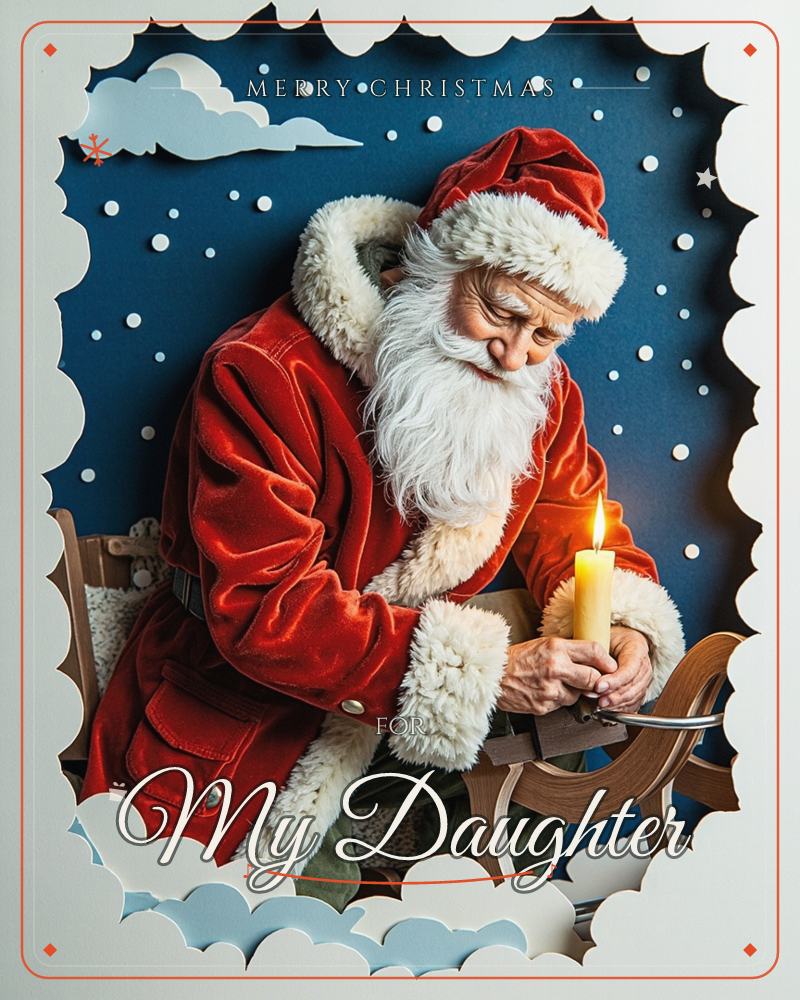 A layered paper-cut scene frames Santa Claus in his red velvet coat and fur-trimmed hat, seated and cradling a lit candle with both hands as he tends…, a christmas e-card design