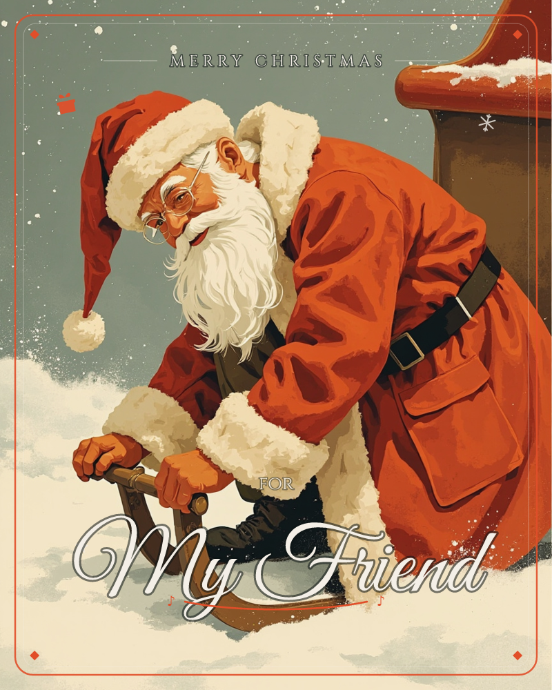Santa Claus leans low over a wooden sledge, both hands gripping its curved runner as he pushes it through deep snow, snowflakes drifting past under a…, a christmas e-card design