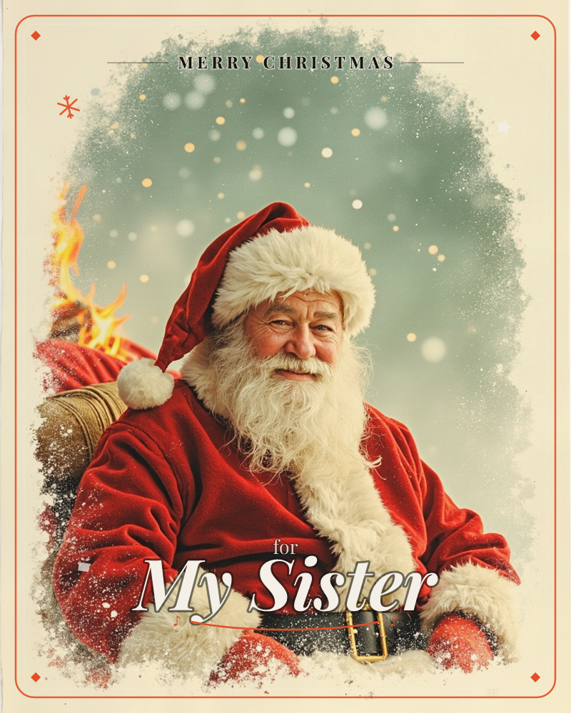 A warmly lit portrait of Santa Claus in his classic red velvet coat trimmed with white fur, smiling gently as he rests a full sack over one shoulder, a christmas e-card design