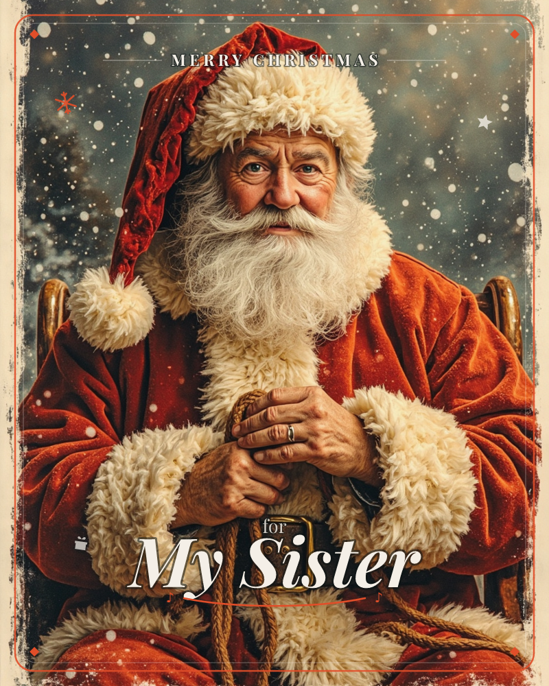 A close-up portrait shows a white-bearded man dressed as Santa Claus, seated in a wooden chair, hands folded over a leather harness strap, a christmas e-card design
