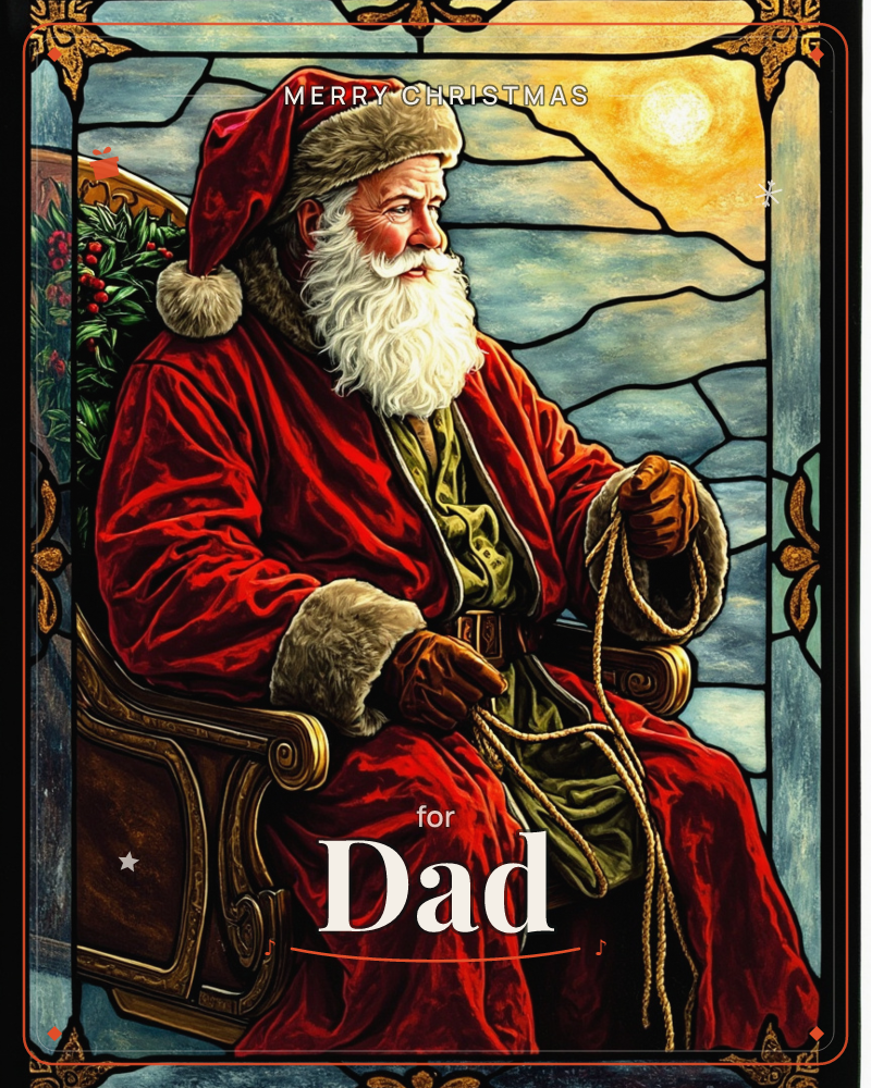 A stained-glass style illustration shows an old man in a fur-trimmed red robe seated in a carved wooden chair, holding a coil of rope in his gloved hands, a christmas e-card design