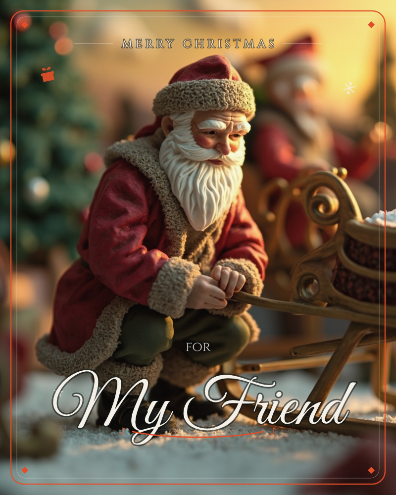 A miniature Santa figurine kneels in fake snow, gripping the handle of an ornate golden sleigh piled with a small red cushion, while a second Santa…, a christmas e-card design