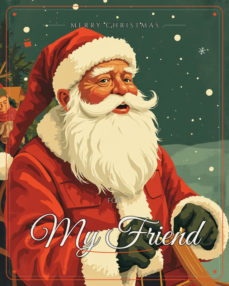 A jolly, illustrated Santa Claus is shown mid-laugh, his curling white beard and mustache filling the frame as he grips the reins of a sleigh under a…, a christmas e-card design