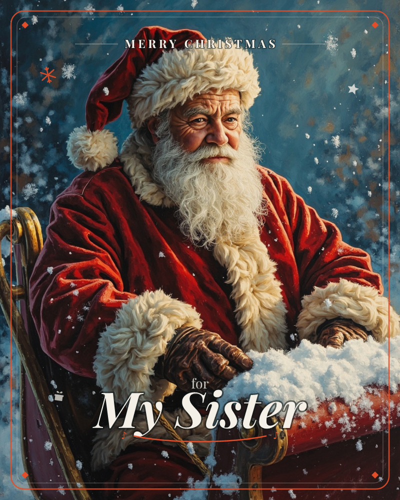 Santa sits in an old wooden sleigh piled with fresh snow, his weathered face and long white beard lit softly against a deep blue, snow-flecked night, a christmas e-card design