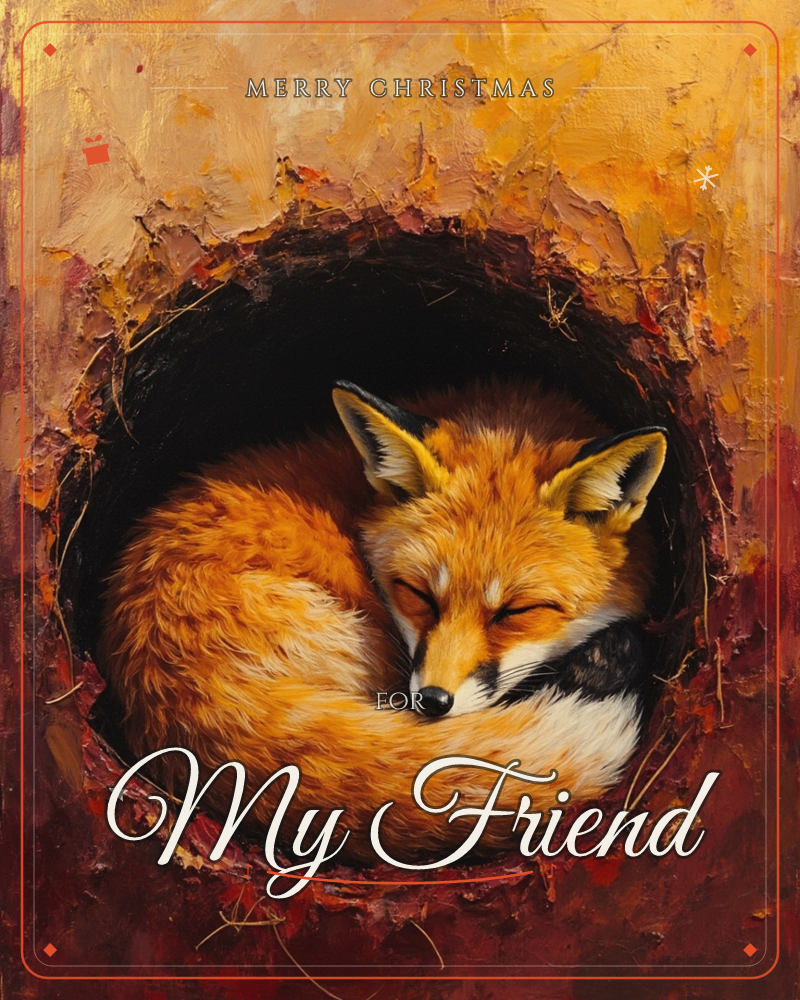A red fox curls into a tight, sleeping ball inside a dark hollow, its bushy white-tipped tail wrapped around its own face, a christmas e-card design