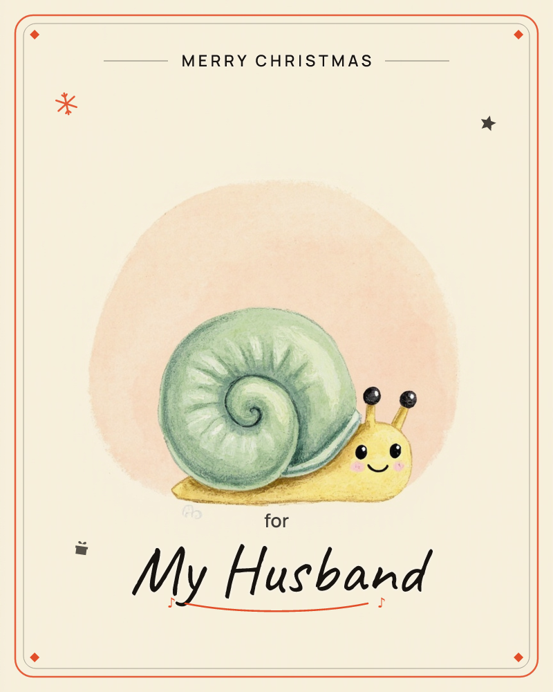 A cheerful little snail sits front and centre on a soft peach circle, its sage-green spiral shell shaded to look smooth and glossy, a christmas e-card design
