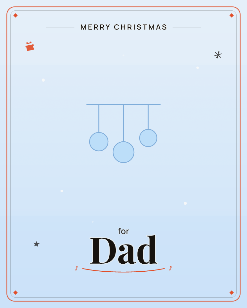 A minimalist illustration shows three pale blue baubles hanging from a thin horizontal line against a soft, glowing icy-blue background, a christmas e-card design by @DittyCityTeam
