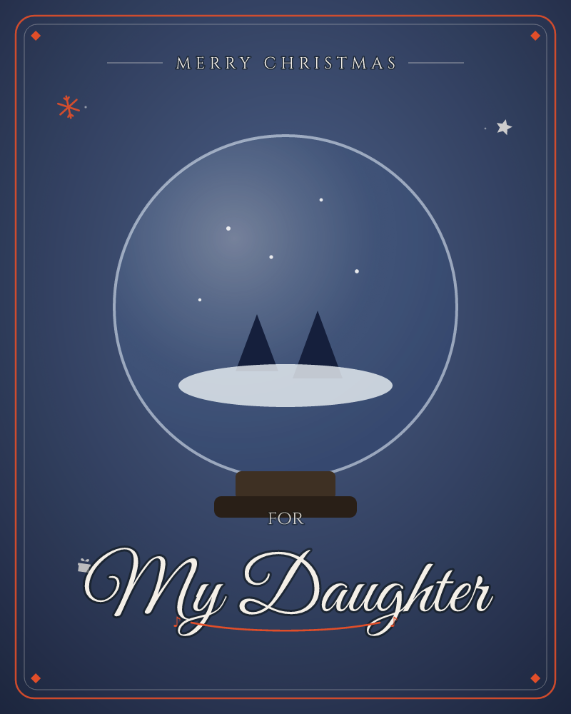 A minimalist snow globe glows against a deep midnight-blue background, its glass sphere outlined in pale grey and holding two simple dark pine trees on…, a christmas e-card design by @DittyCityTeam