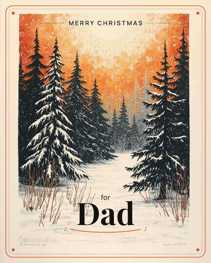 A snow-laden pine forest opens onto a cleared path under a blazing orange sky, with a pale sun glowing behind speckled clouds, a christmas e-card design