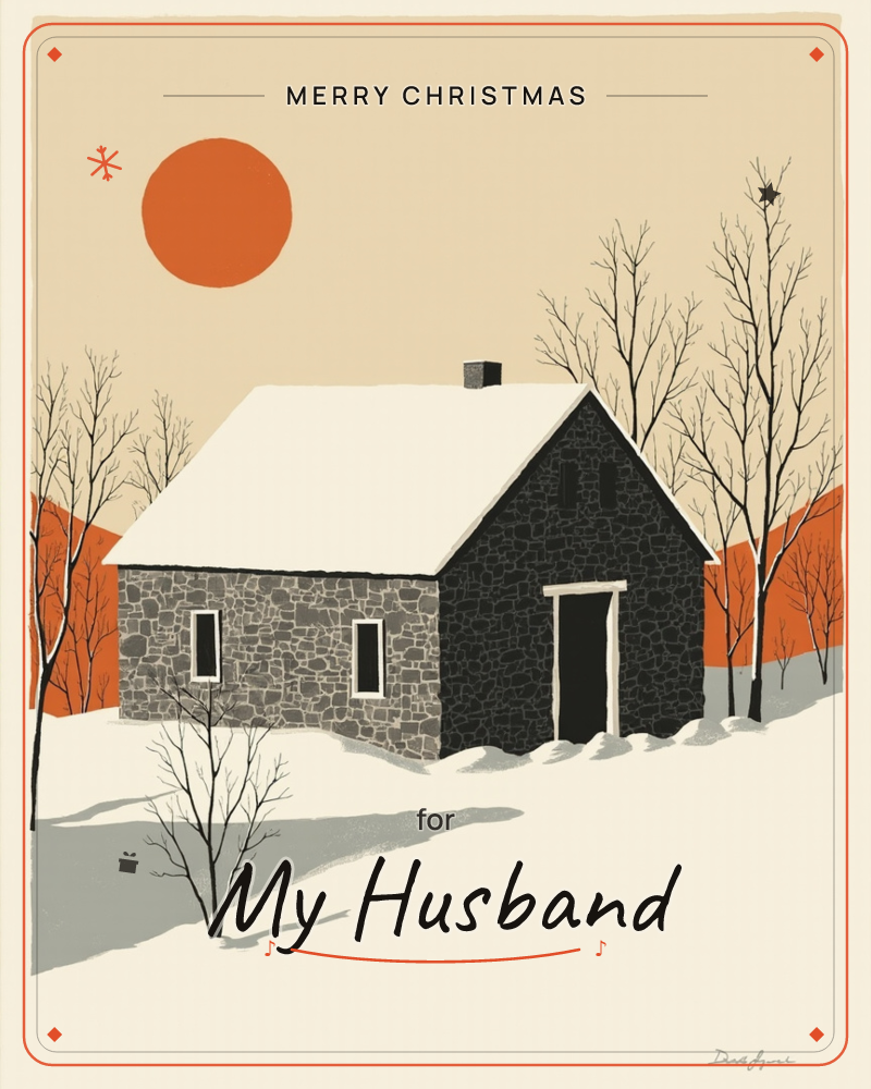 A stone farmhouse with a snow-capped roof sits alone in a winter clearing, bare trees casting long shadows across the drifts, a christmas e-card design