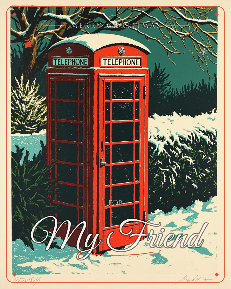 A classic red British telephone box stands snow-capped against a deep teal night sky, framed by bare snowy branches above and dark evergreen hedges below, a christmas e-card design