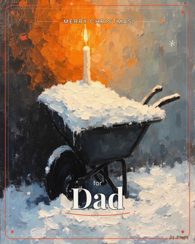 A snow-heaped wheelbarrow stands alone in drifted snow, one lit candle rising from its mound like a birthday cake, a christmas e-card design