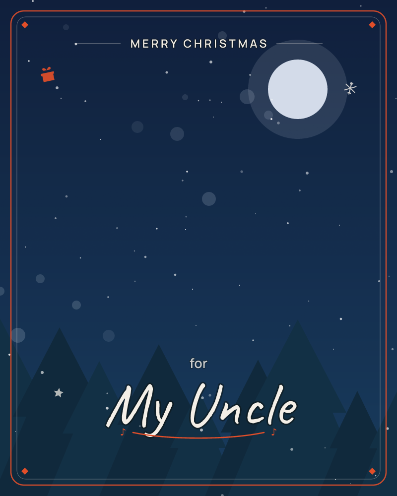 A quiet night sky glows deep indigo over a silhouetted row of pine trees, with a bright full moon glowing in a soft halo near the top corner, a christmas e-card design by @DittyCityTeam