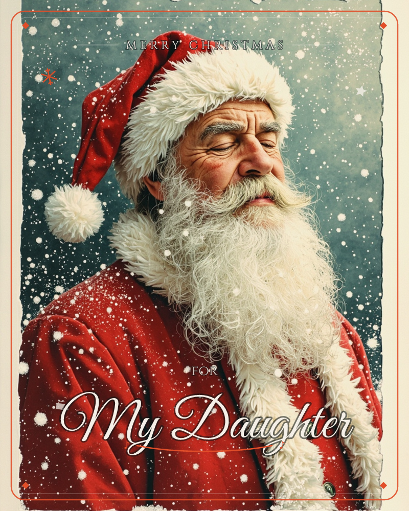 A close-up portrait of Santa Claus in profile, his eyes closed and face turned upward as if savouring the cold air, a christmas e-card design
