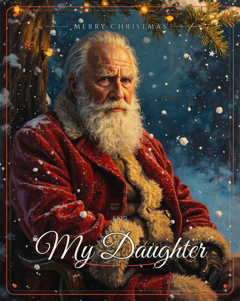 A weathered Santa Claus sits beneath a snow-dusted evergreen branch strung with small warm lights, his long white beard and red fur-trimmed coat…, a christmas e-card design