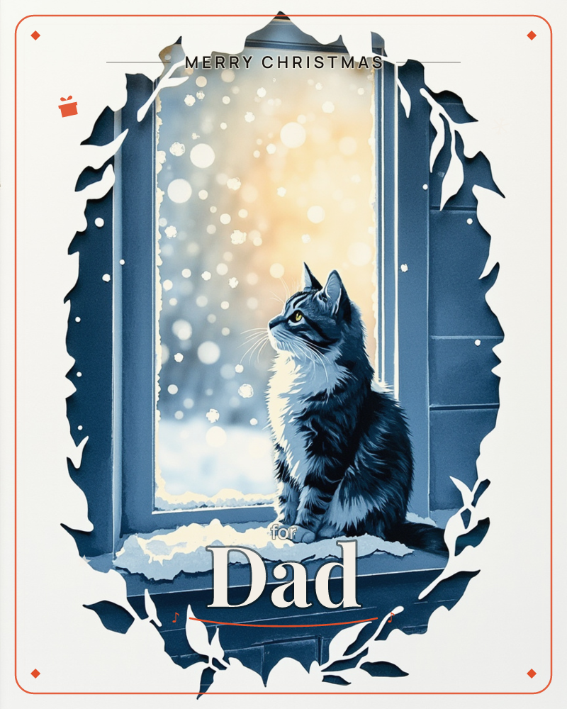 A tabby cat sits on a snow-dusted windowsill, gazing up at falling snow lit by a soft golden glow beyond the glass, a christmas e-card design