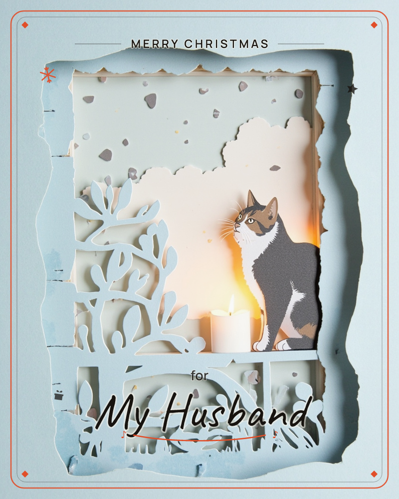 A layered papercut illustration shows a grey and white cat sitting beside a lit candle, gazing upward toward falling snow against a pale sky, a christmas e-card design