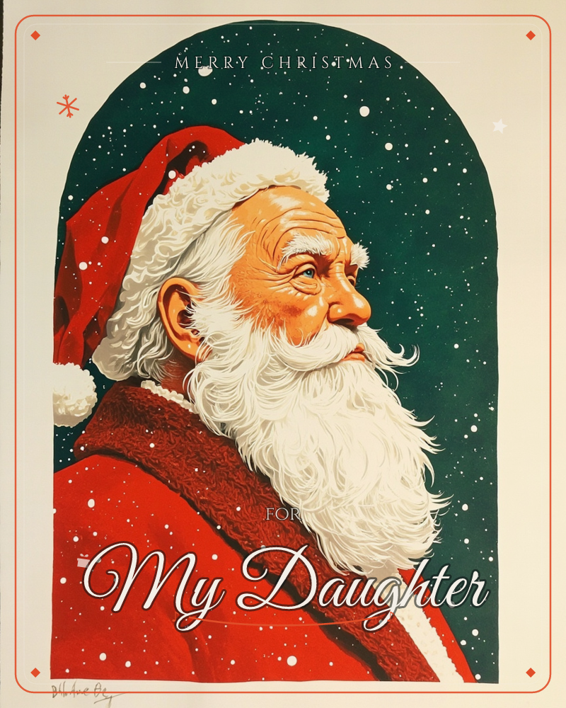 A side-profile portrait of Santa Claus fills an arched frame, his weathered face turned toward a deep green sky scattered with falling snow, a christmas e-card design