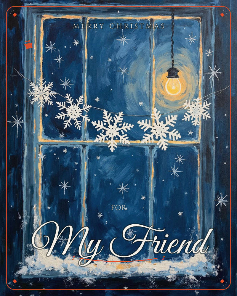 A painted window frame glows against a deep midnight-blue night sky, its panes dusted with tiny painted stars and drifted snow along the sill, a christmas e-card design