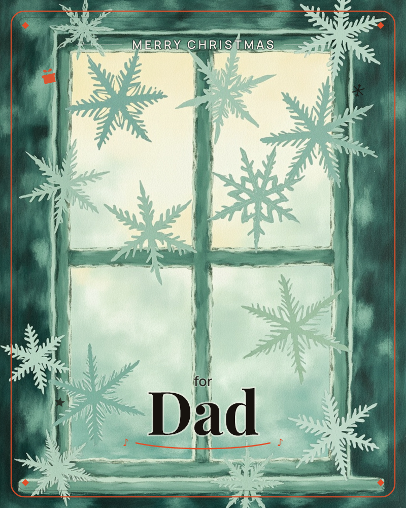 A weathered green window frame fills the card, its four panes glowing pale gold and misty teal like early winter light, a christmas e-card design