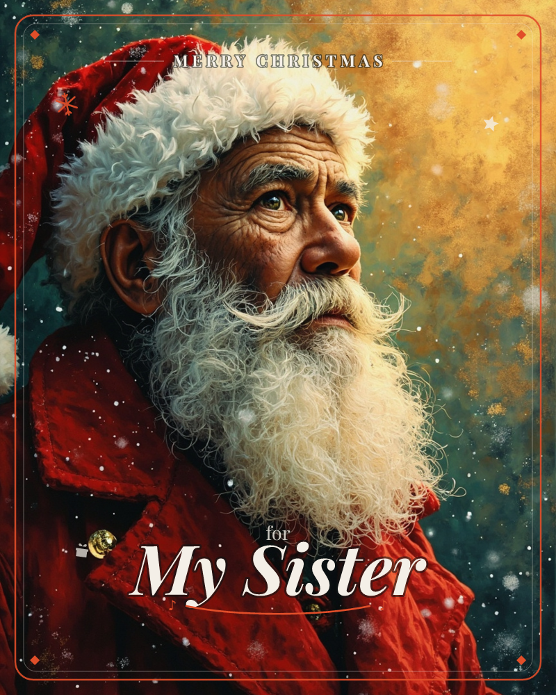 A close portrait of Santa Claus in his red coat and fur-trimmed cap, gazing upward with a thoughtful expression as snowflakes drift past his weathered…, a christmas e-card design