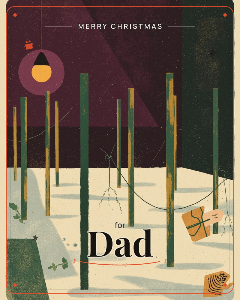 A cluster of tall dark posts stands in pale snow beneath a plum-coloured sky, lit by a single hanging bulb with a hazy glow, a christmas e-card design