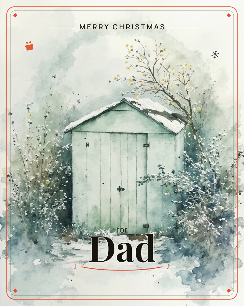 A pale mint-green garden shed sits snug in a snowy garden, its double doors closed and roof lightly capped with snow, a christmas e-card design