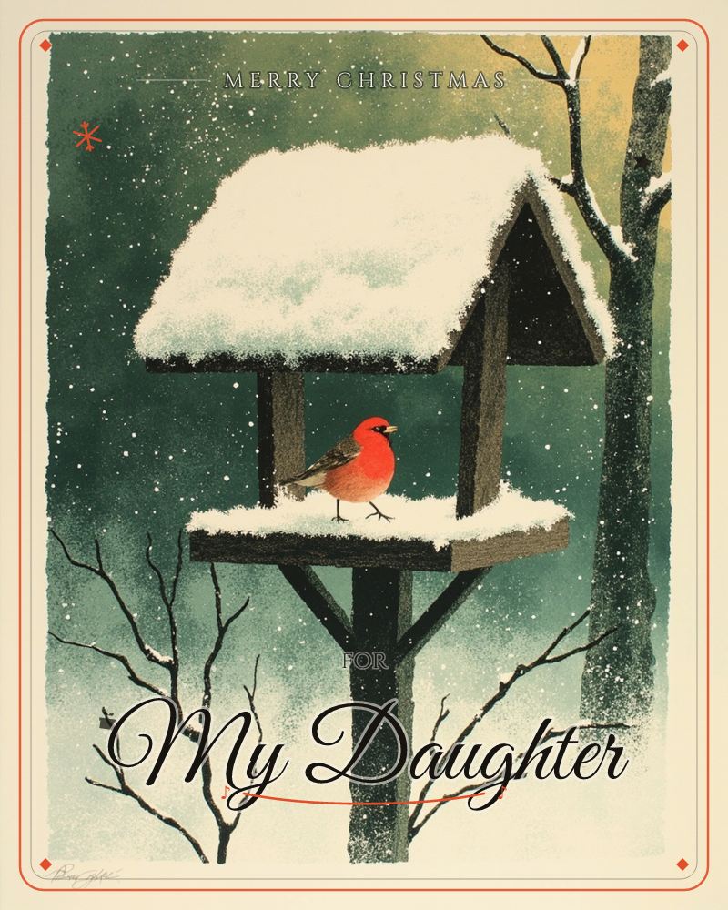 A red-breasted bird perches on the ledge of a snow-capped wooden birdhouse, its little frame dusted white against a deep green winter sky flecked with…, a christmas e-card design