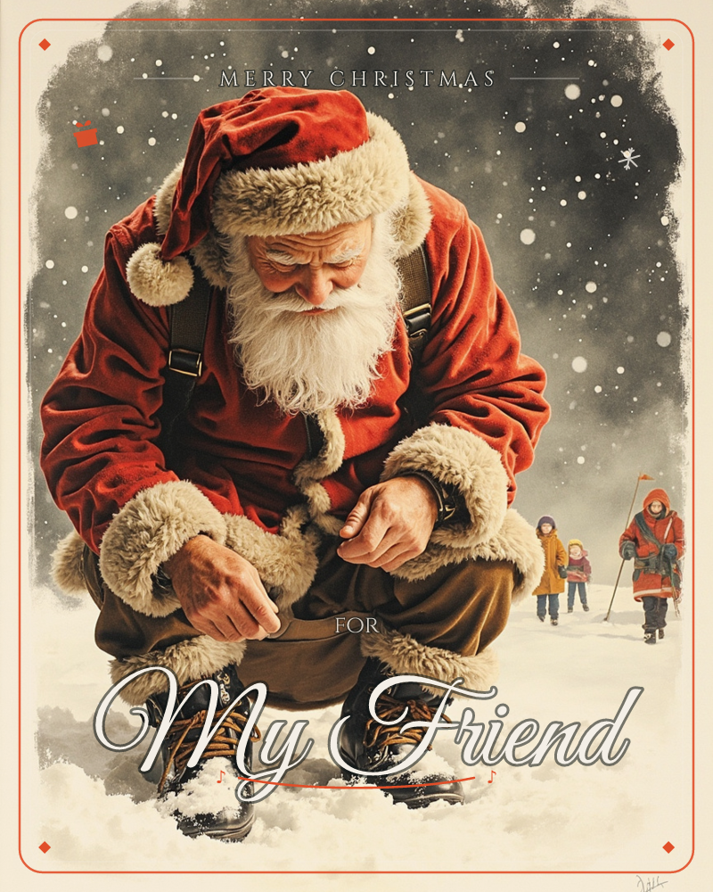 Santa crouches low in a snowy field, tugging on his fur-trimmed boots as if lacing up for a journey on foot, a christmas e-card design