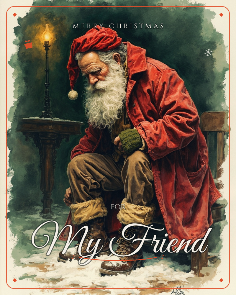 A weary Santa sits slumped on a wooden bench, red coat rumpled and cap drooping over his brow, cradling something small and green in his gloved hands, a christmas e-card design