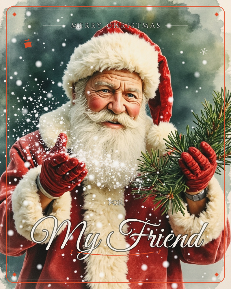 Santa Claus fills the frame in a fur-trimmed red coat and hat, his white beard dusted with falling snow as he sprinkles glittering flakes from one…, a christmas e-card design