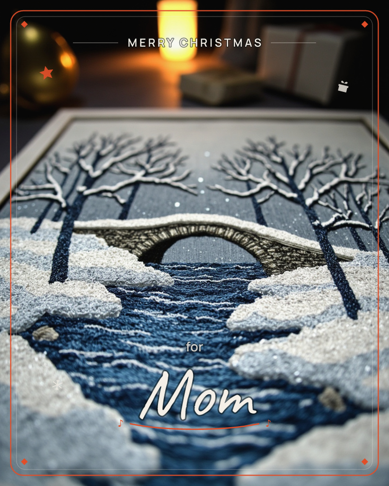 A textured, embroidery-style illustration of a stone bridge arching over a dark winter river, flanked by bare snow-dusted trees glinting with silver…, a christmas e-card design