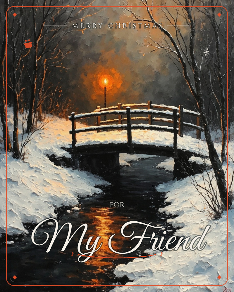 A wooden footbridge arches over a dark, half-frozen stream, its rails piled with fresh snow, a christmas e-card design