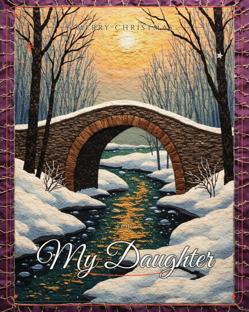 A stone footbridge arches over a snow-banked stream, its dark green water catching the golden reflection of a low winter sun, a christmas e-card design