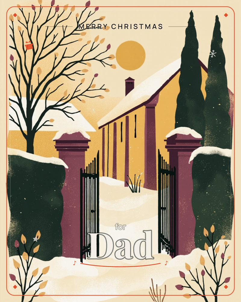 A snow-covered path leads through an open iron gate flanked by tall stone pillars, up to a golden farmhouse with a snow-capped roof and chimney, a christmas e-card design