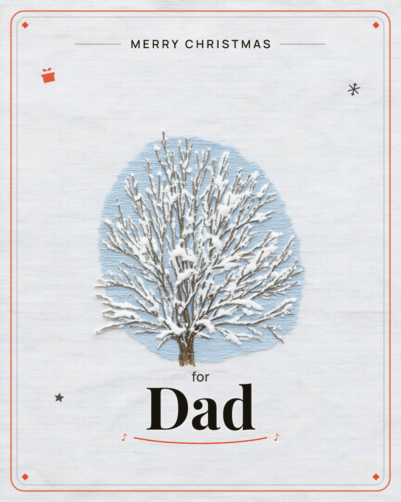 A bare winter tree, its branches heavy with snow, sits inside a soft round patch of pale blue sky, all rendered as if stitched onto a pale linen…, a christmas e-card design