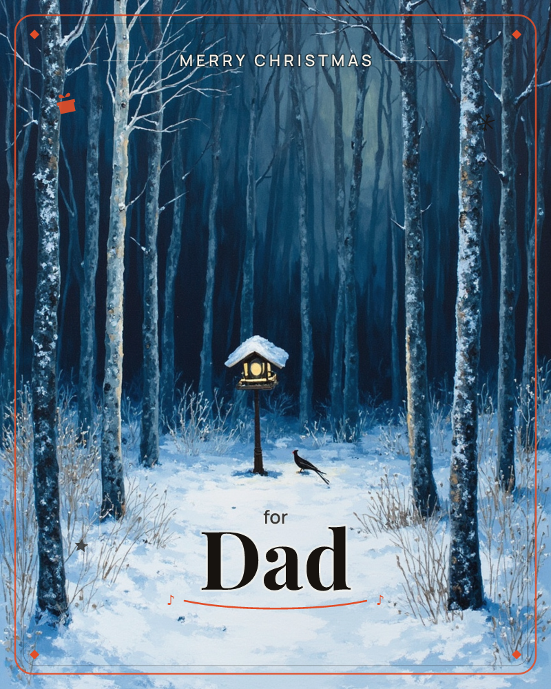 A snow-covered clearing sits deep within a dark birch forest, lit by a small wooden birdhouse glowing warmly from within like a tiny lantern, a christmas e-card design