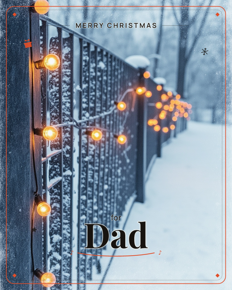 A snow-dusted iron fence stretches into a hazy winter park, strung with a single line of warm amber bulb lights, a christmas e-card design
