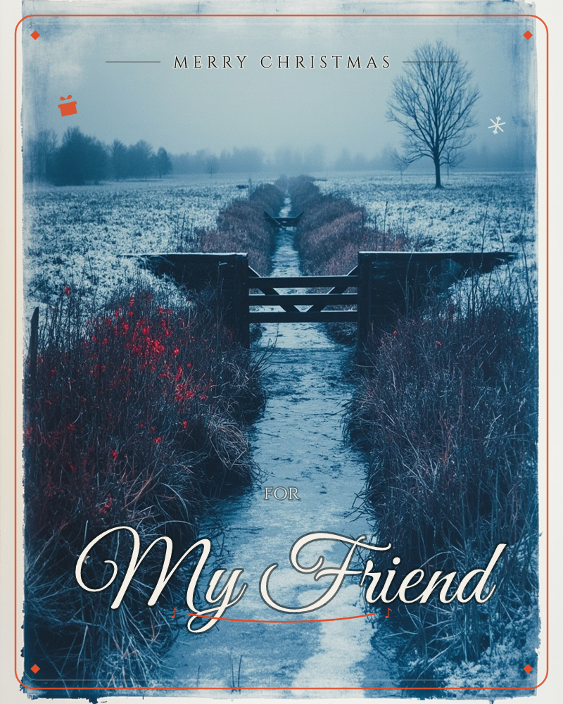 A frost-covered lane leads straight through a wooden farm gate into misty winter fields, with bare hedgerows lining the path and a single leafless tree…, a christmas e-card design