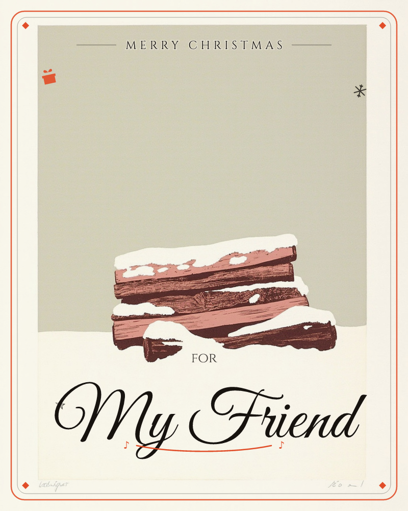 A stack of split logs sits piled in snow, its rust-red wood grain patterned with rough brush strokes and topped with thick white drifts, a christmas e-card design