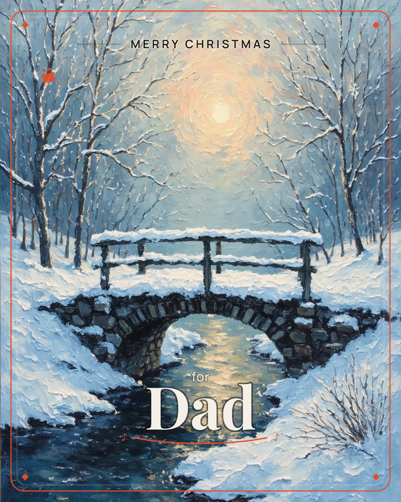 A snow-covered stone footbridge arches over a dark, half-frozen stream, its railing thick with drifted snow, a christmas e-card design