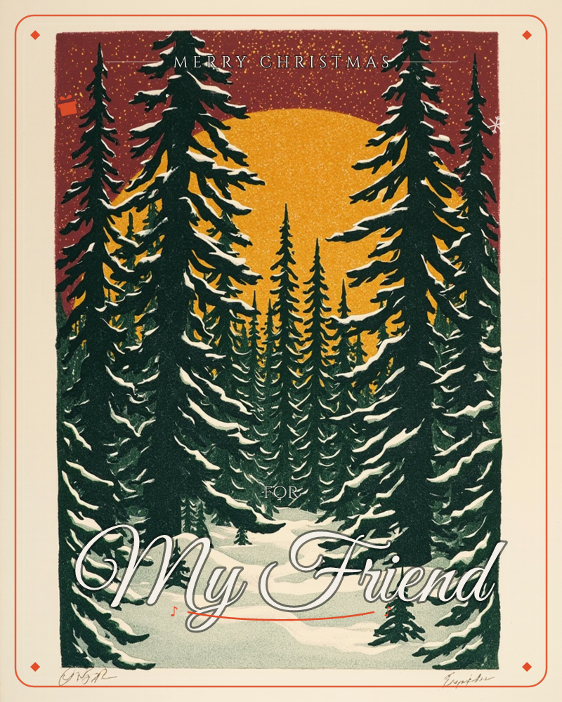 A dense stand of snow-laden fir trees frames a glowing orange sun rising or setting behind a deep maroon, star-flecked sky, a christmas e-card design