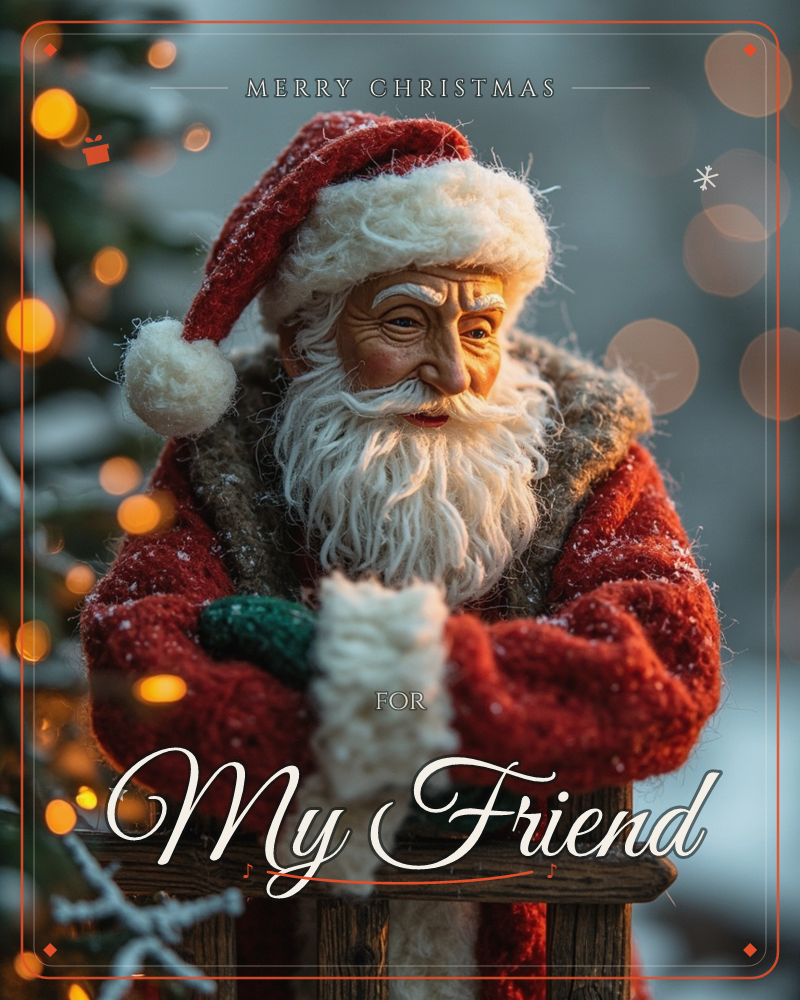 A carved Santa figurine leans over a wooden ladder rung, dusted with faint snow and dressed in a fur-trimmed red coat and cap, a christmas e-card design