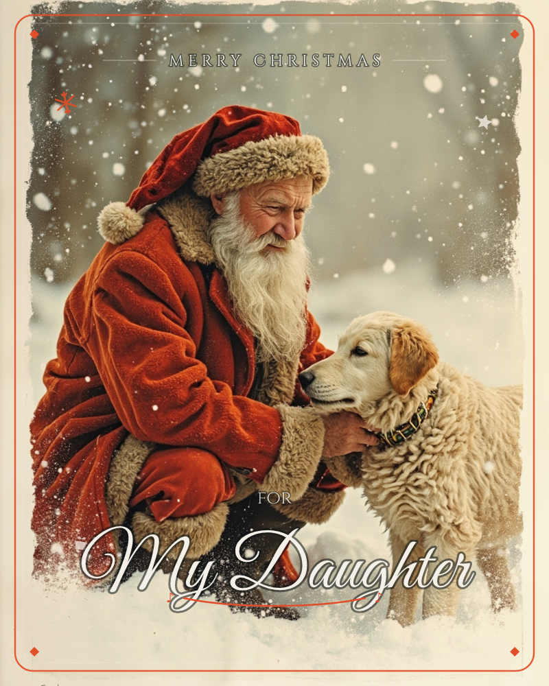 A man dressed as Santa kneels in falling snow, gently cradling the face of a golden retriever puppy as they gaze at each other, a christmas e-card design