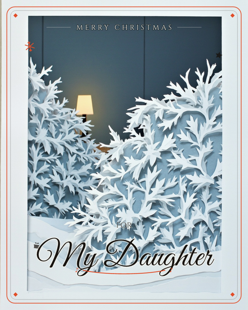 Layered paper-cut foliage in frosty white and pale grey fills the frame like tangled frozen branches, banked over drifts of paper snow, a christmas e-card design