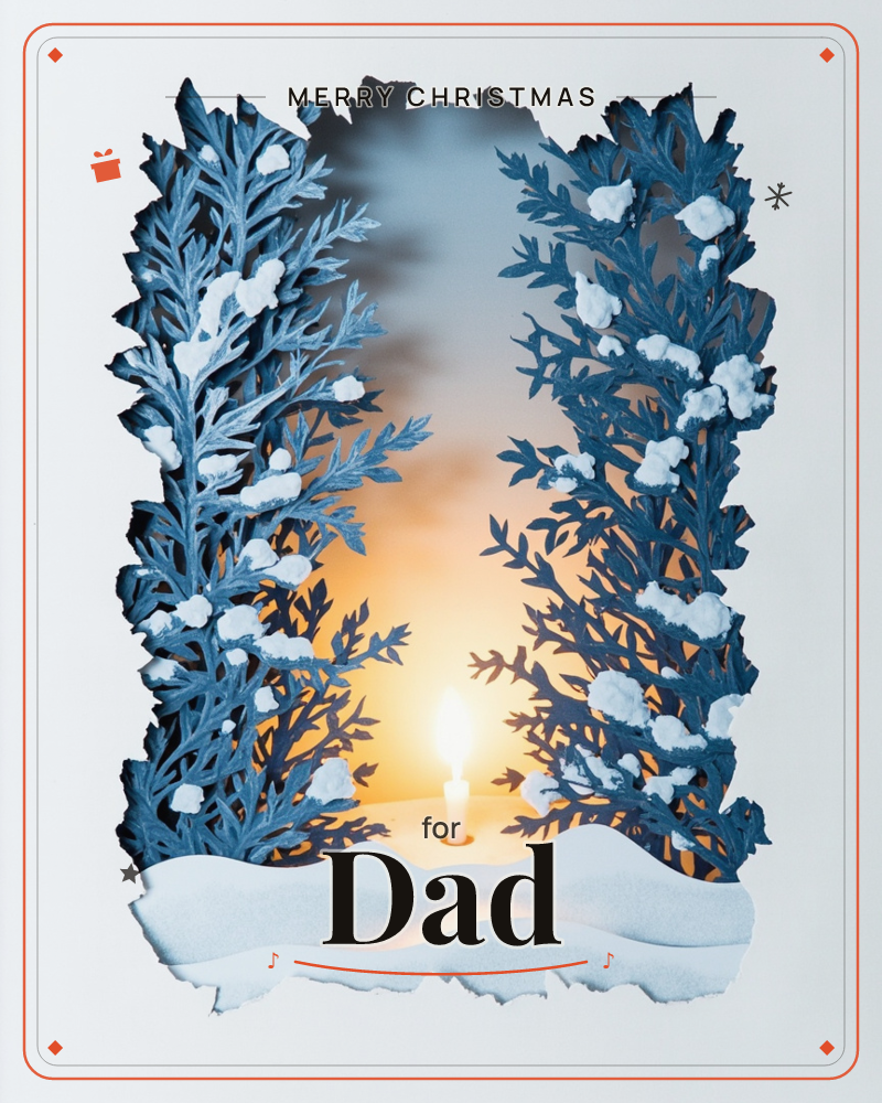 A layered paper-cut scene shows two snow-dusted evergreen boughs framing a narrow path through the woods, with a single lit candle glowing at the end…, a christmas e-card design