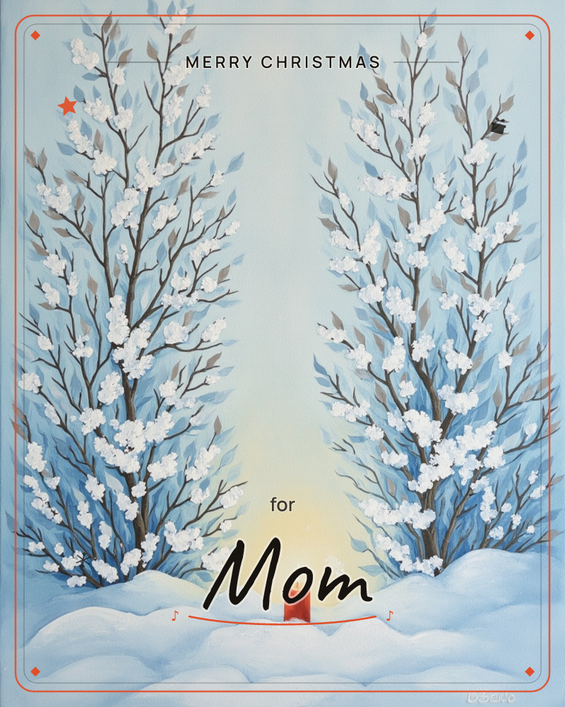 Two tall trees heavy with white blossom and pale blue leaves frame a snowy clearing, their branches meeting overhead like a quiet archway, a christmas e-card design