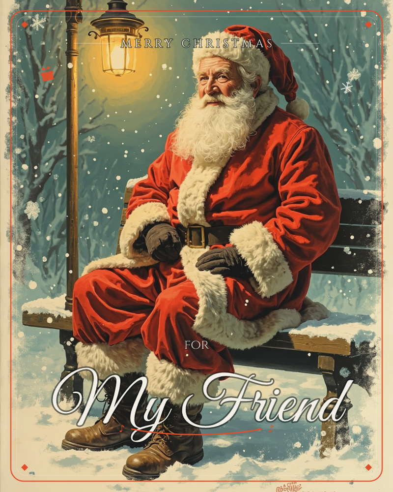 Santa Claus sits alone on a snow-dusted park bench beneath a glowing lamppost, bare winter trees behind him against a dusky teal sky, a christmas e-card design